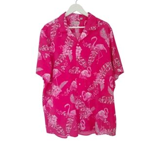 Hawaiian Vacation Pink Flamingo Print Button Down Shirt
